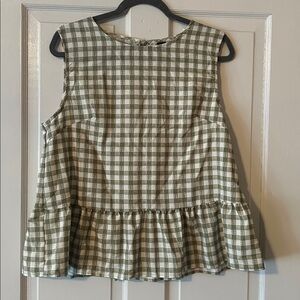 SHEIN Olive and White Plaid Sleeveless Blouse
